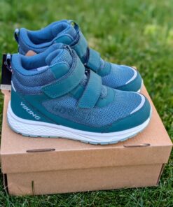 VIKING Bouncy Mid GTX 2V rudeniniai/pavasariniai batai vaikams, tamsiai žalios spalvos, su GORE-TEX, vandeniui atsparūs, su dviem lipdukais