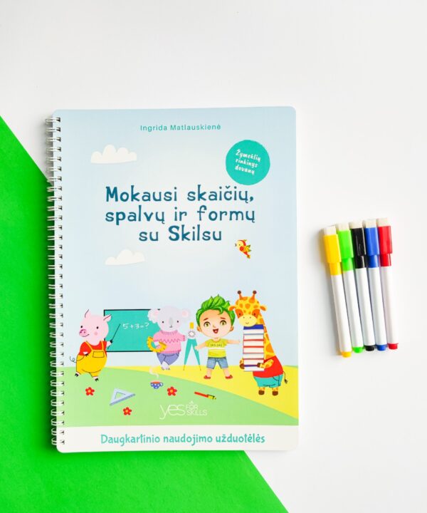 Alternative view of Lavinamoji knyga "Mokausi skaičių, spalvų ir formų su Skilsu" (su daugkartinio naudojimo žymekliais)