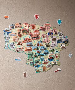 Lietuvos žemėlapis ,,Pažink Lietuvą“ su daugkartinio naudojimo lipdukais (miestų simboliais ir herbais)