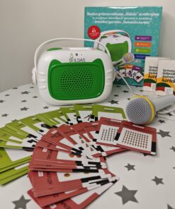 Muzikos grotuvas vaikams ,,Skilsas” su mikrofonu (su įrašytomis lietuviškomis dainomis ir pasakomis) + lietuviškai įgarsintos „Šnekančios kortelės“