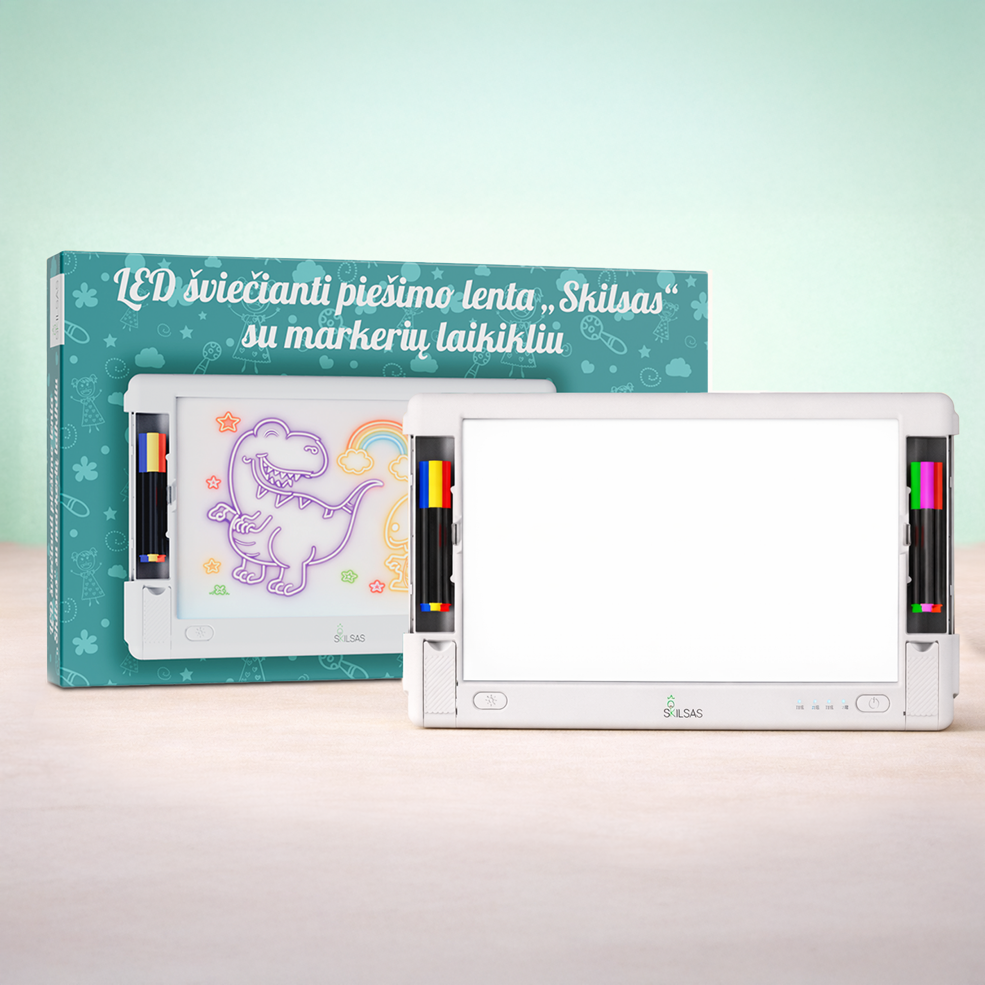 LED šviečianti piešimo lenta SKILSAS su markerių laikikliu