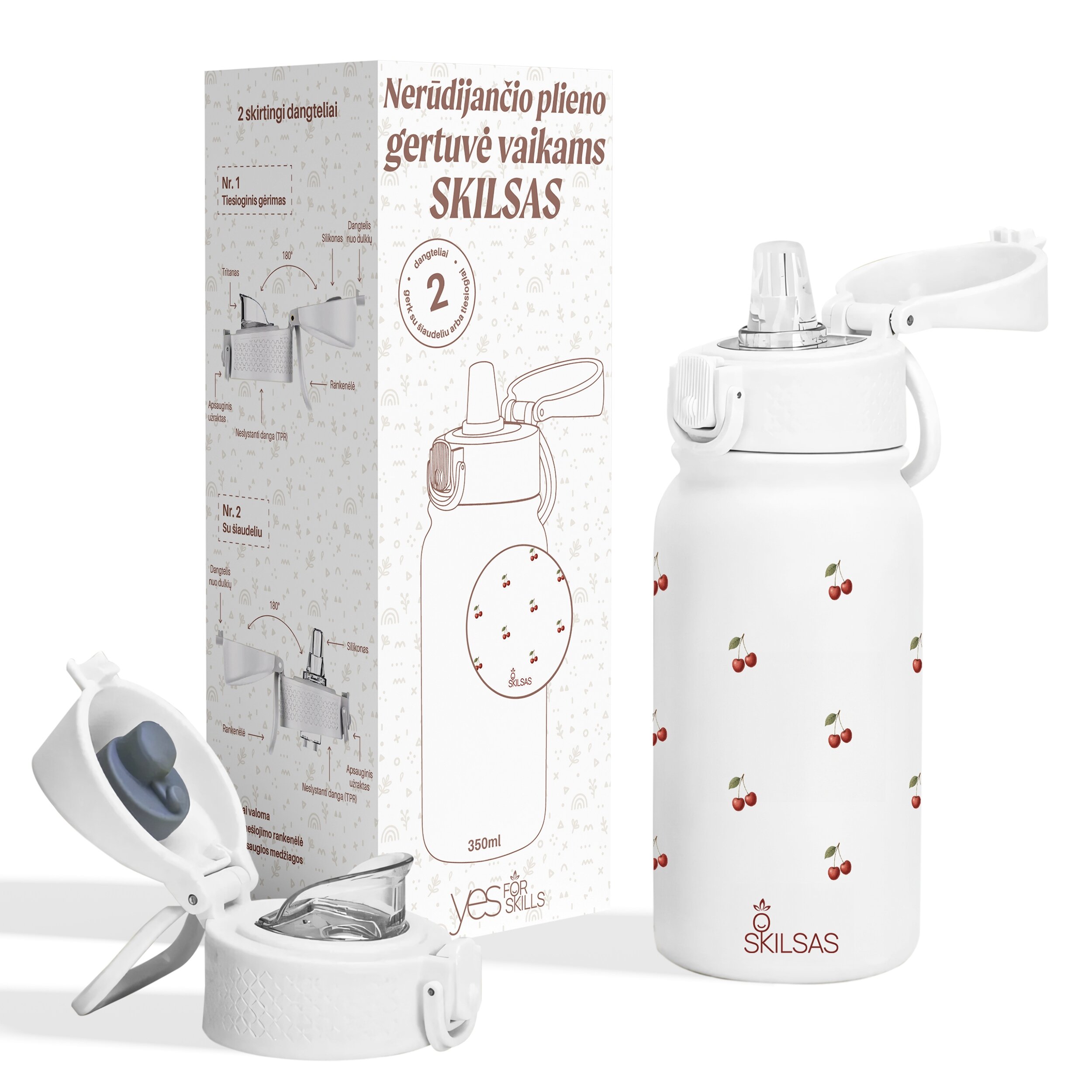 „Skilsas“ vaikiška nerūdijančio plieno gertuvė su dviem dangteliais – praktiškas pasirinkimas kiekvienai dienai (Vyšnios), 350 ml 5 „Skilsas“ vaikiška nerūdijančio plieno gertuvė su dviem dangteliais – praktiškas pasirinkimas kiekvienai dienai (Vyšnios), 350 ml - Image 3