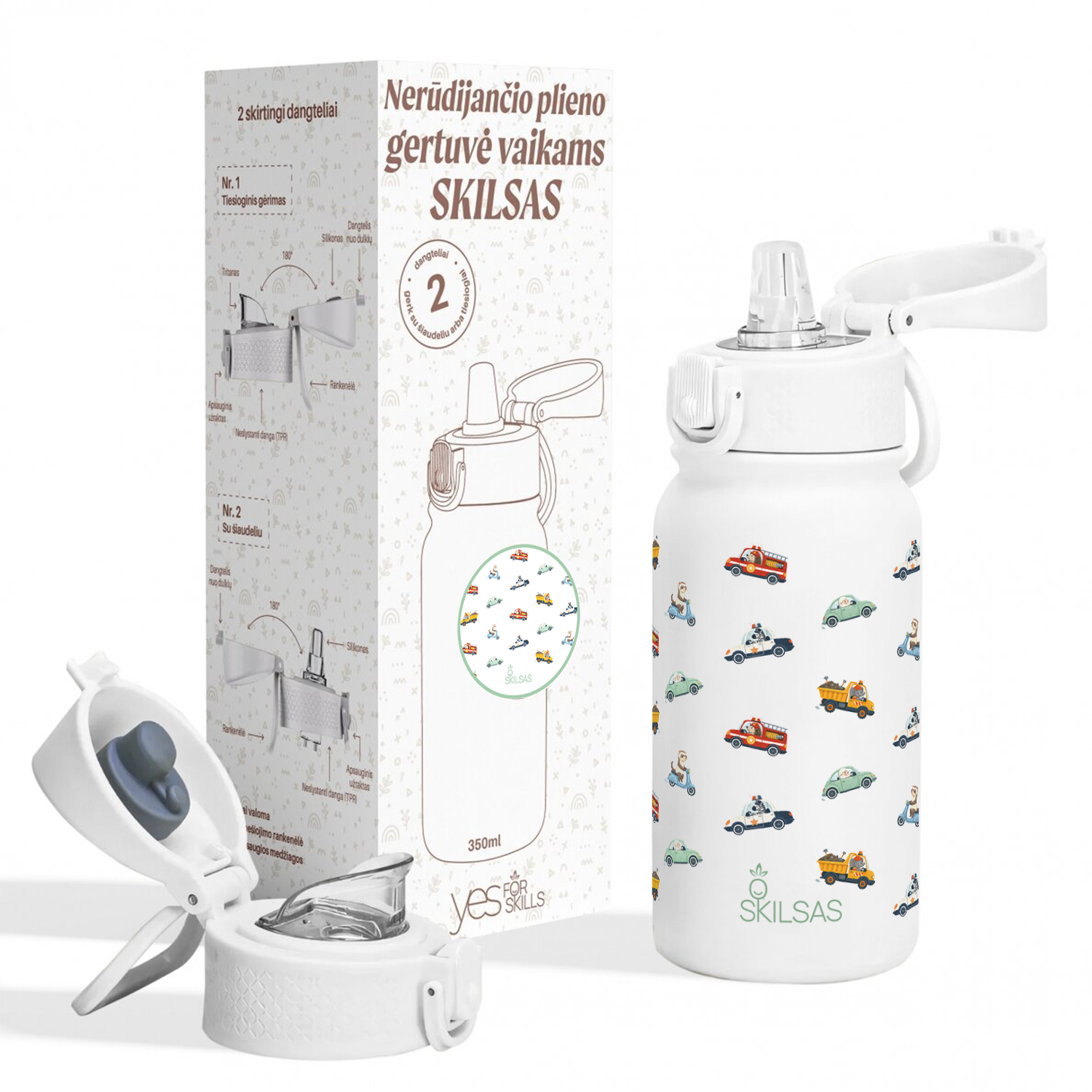 „Skilsas“ vaikiška nerūdijančio plieno gertuvė su dviem dangteliais – praktiškas pasirinkimas kiekvienai dienai (Mašinytės), 350 ml 5 „Skilsas“ vaikiška nerūdijančio plieno gertuvė su dviem dangteliais – praktiškas pasirinkimas kiekvienai dienai (Mašinytės), 350 ml - Image 3