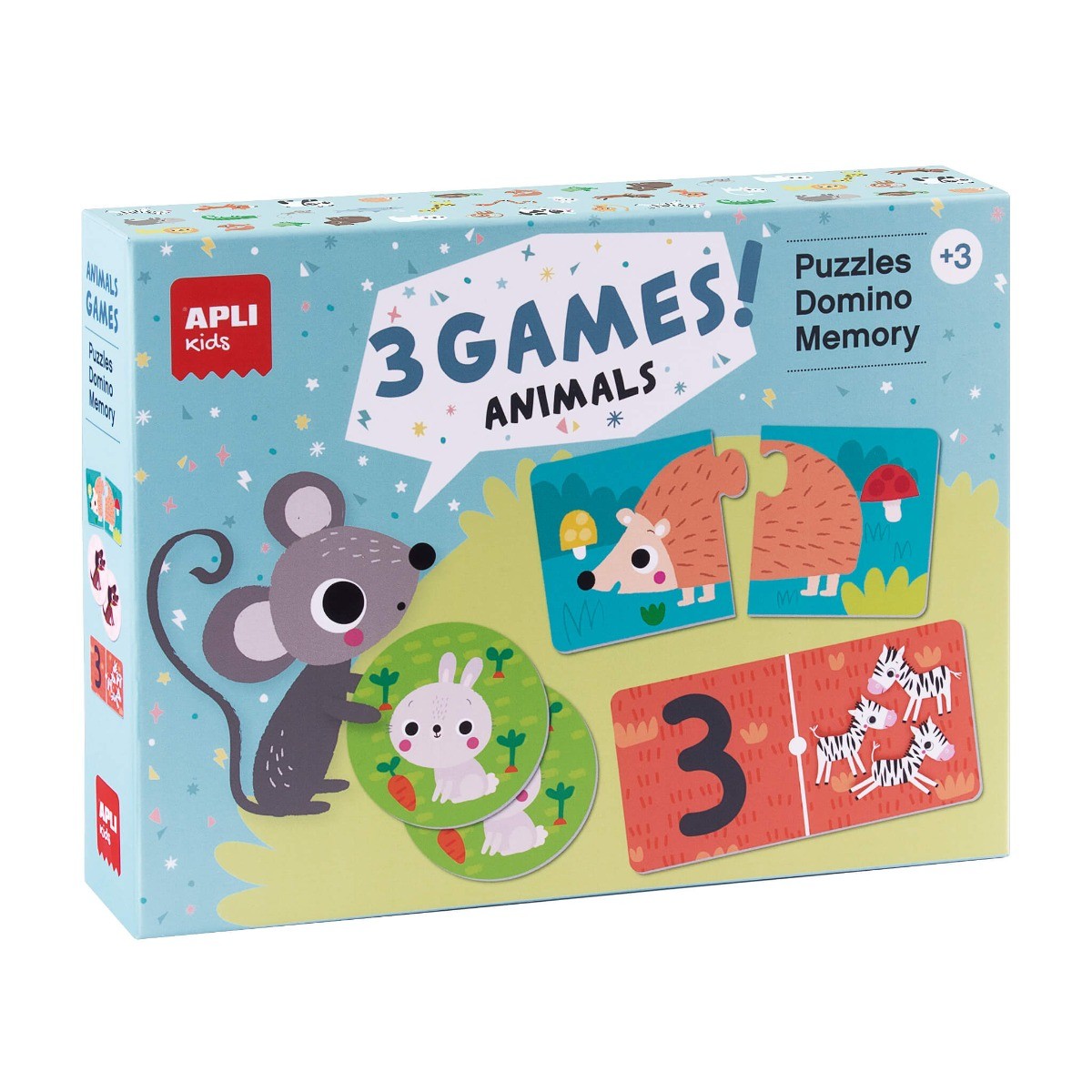 APLI Kids 3 žaidimai: Gyvūnai – dėlionė, domino, atmintis - Apli Kids 3 edukaciniai zaislai. Lavinamieji zaislai. Apli Kids . APLI Kids 3 žaidimai: Gyvūnai – dėlionė